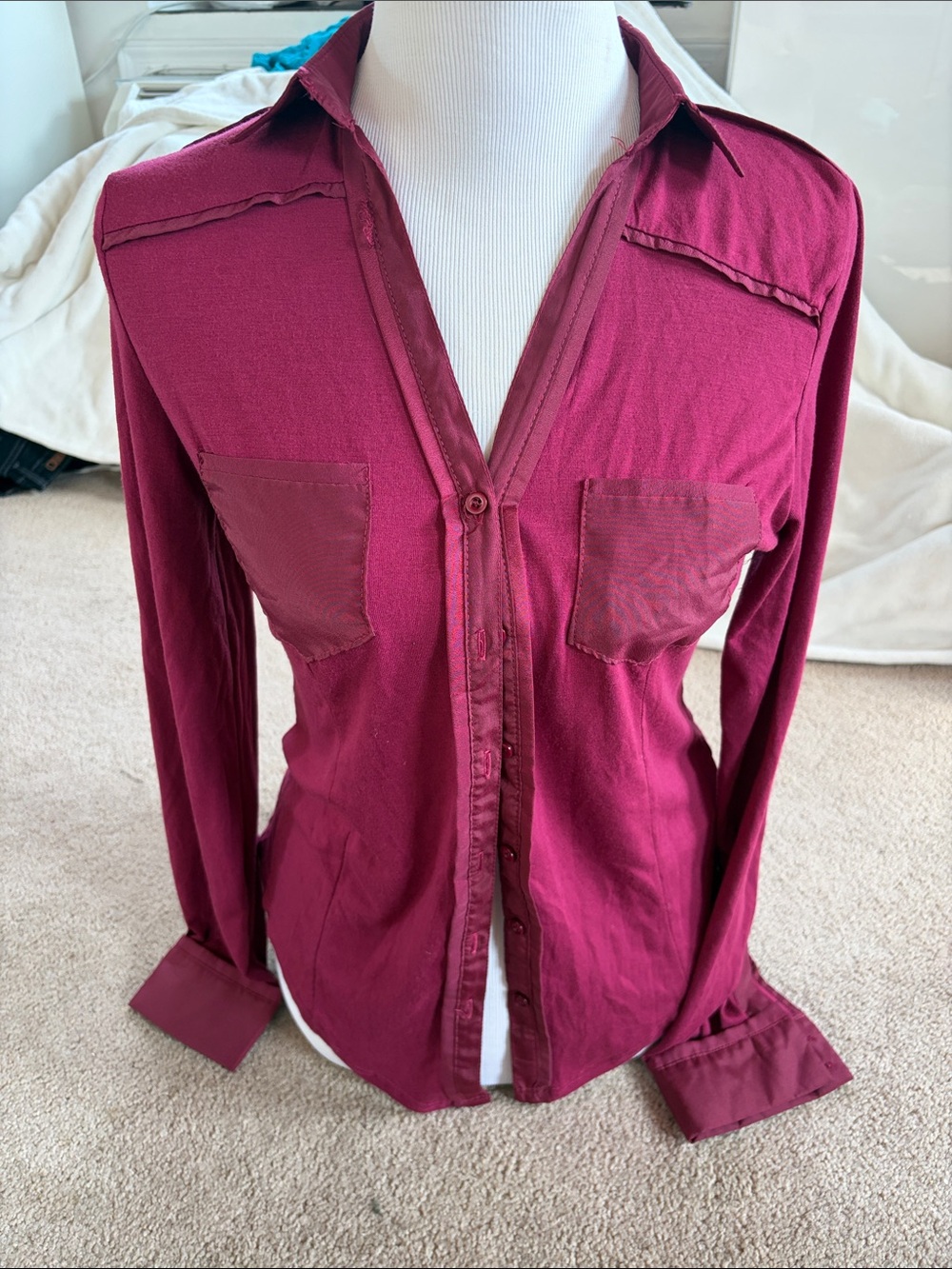 Wine Button Down Blouse With Shiny Front Pockets and Collar